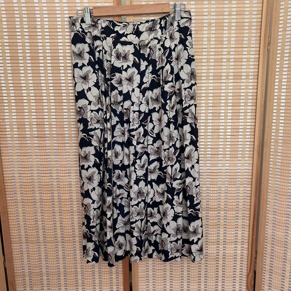 Vintage Floral Pleated Midi Skirt Navy Blue & Cream High-Waist A-Line - Picture 8 of 8